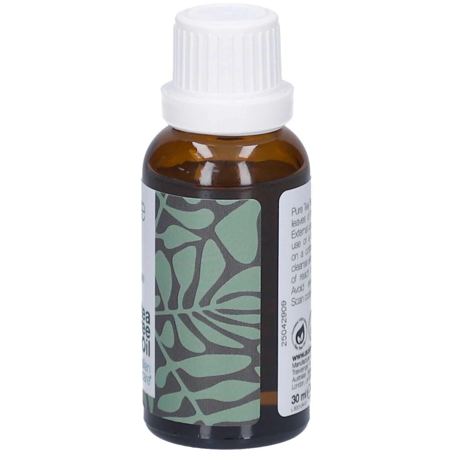 Bruine glazen fles met witte dop. Etiket met tekst: tea tree oil, australian bodycare. 30 ml, 1 US fl.oz.