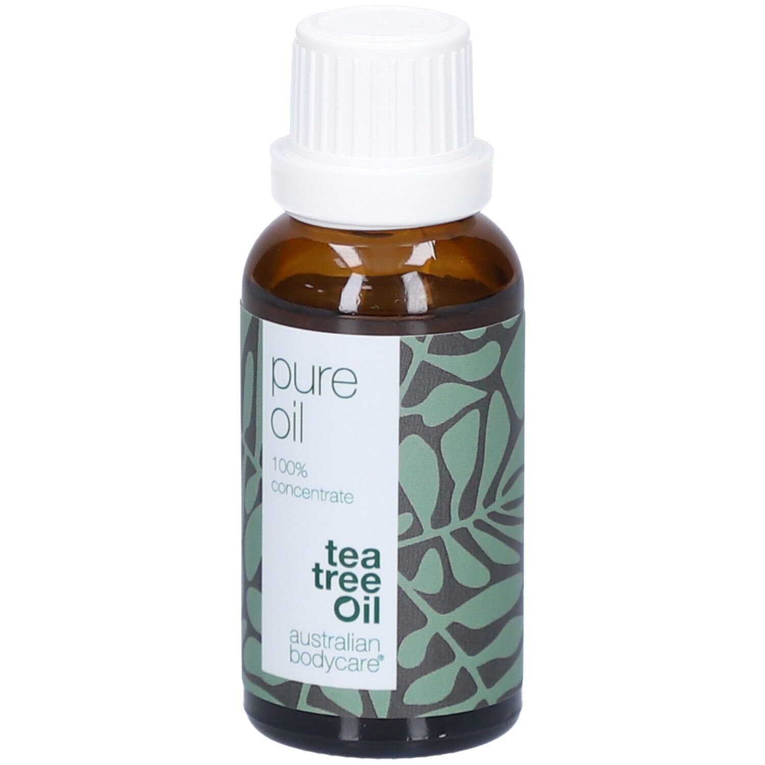 Bruine glazen fles met witte dop. Etiket met tekst: pure oil, 100% concentrate, tea tree oil, australian bodycare.