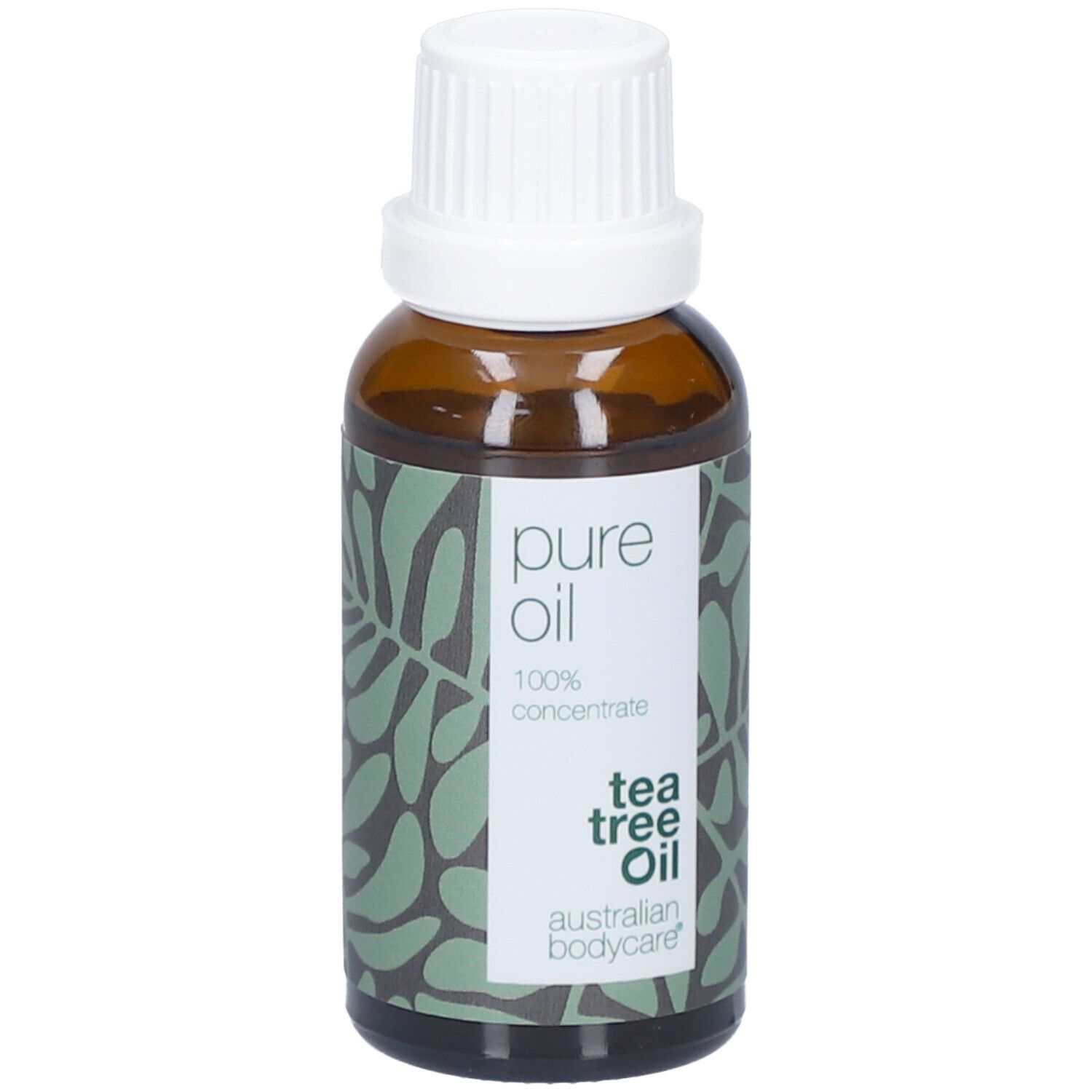 Bruine glazen fles met witte dop. Etiket met tekst: pure oil, 100% concentrate, tea tree oil, australian bodycare.