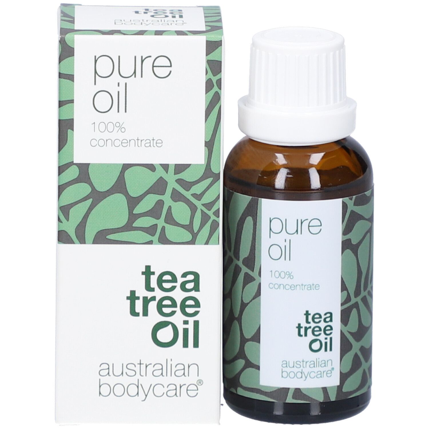 Productfles en doos. Fles: bruin, witte dop. Doos: wit, groen. Tekst: pure oil, tea tree oil, australian bodycare.