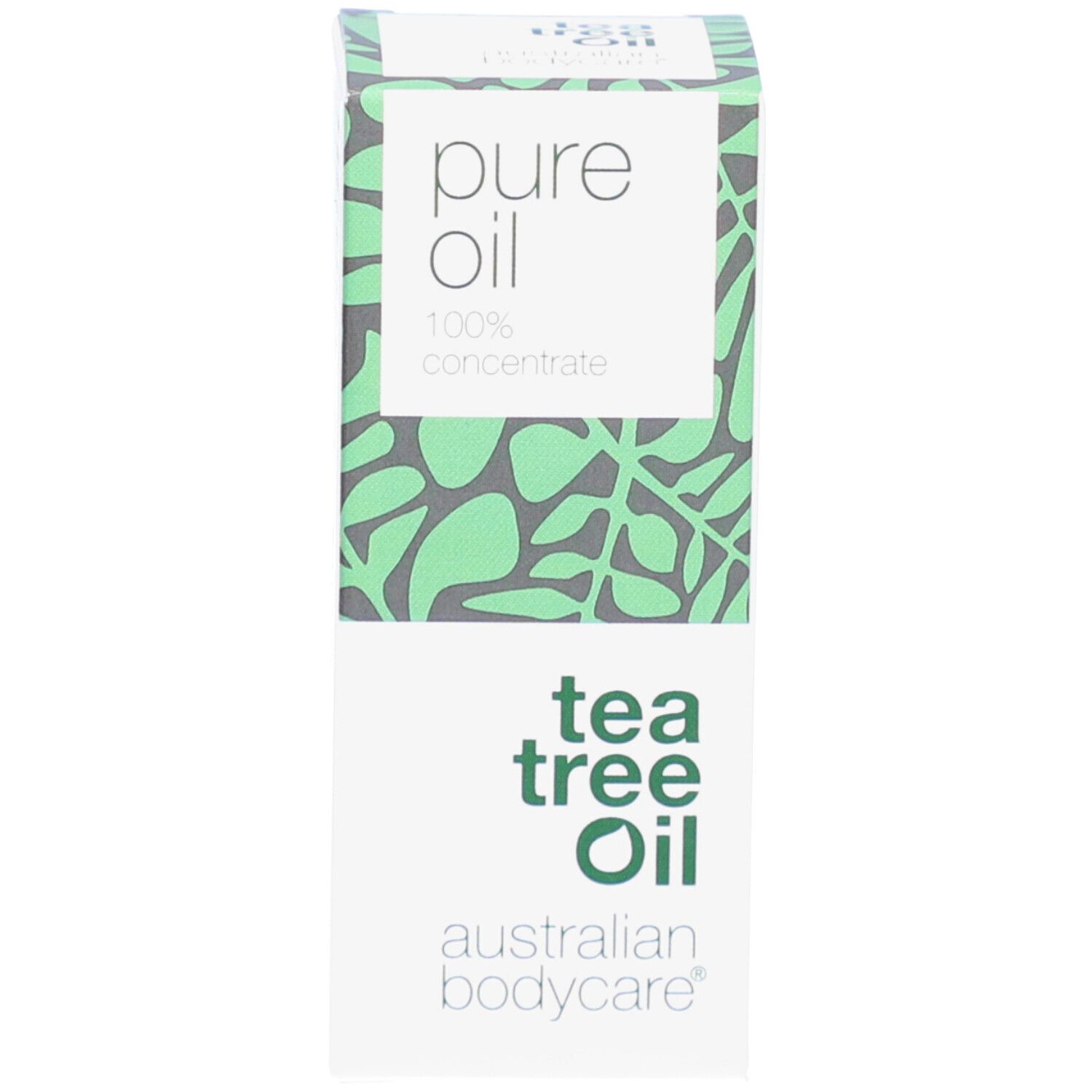 Doos, wit en groen. Tekst: pure oil, 100% concentrate, tea tree oil, australian bodycare.