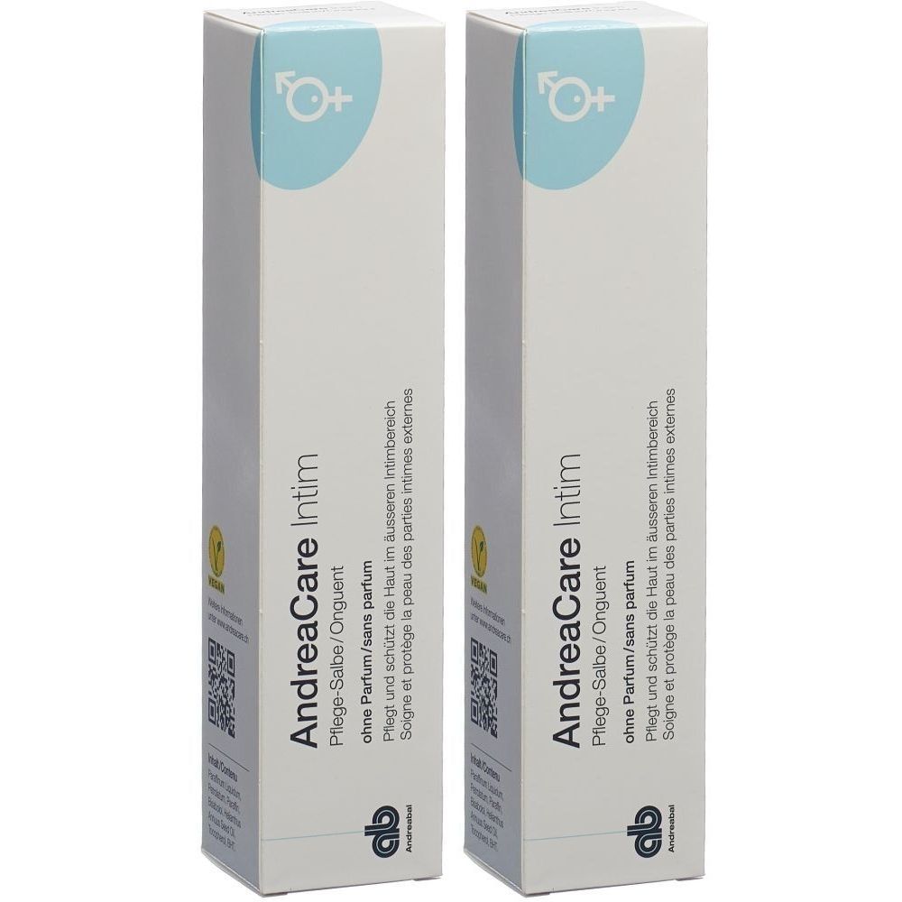 Twee witte dozen met productopdruk. Opschrift: AndreaCare Intim, crème, zonder parfum. Logo met vrouwelijk symbool.