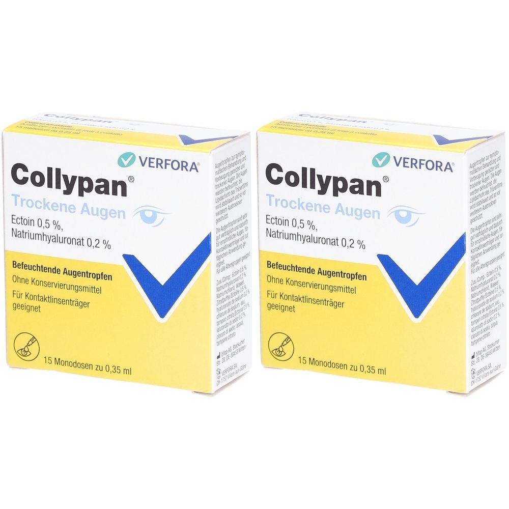 Deux boîtes de Collypan Trockene Augen. Inscription : Ectoin 0,5%, Hyaluronate de sodium 0,2%. 15 monodoses. Convient aux porteurs de lentilles.