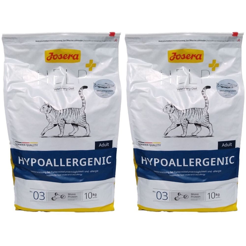 Twee zakken kattenvoer. Opschrift: JOSERA, HELP+, hypoallergeen, Adult. Afbeelding van een kat. 10 kg.