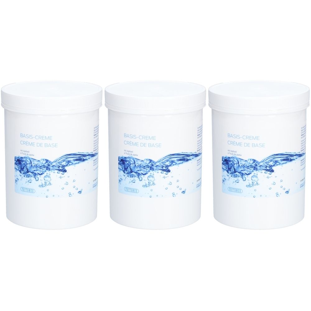 Drie witte potten met deksels. Etiketten met blauwe waterillustratie en opschrift Basis-Creme / Crème de Base.