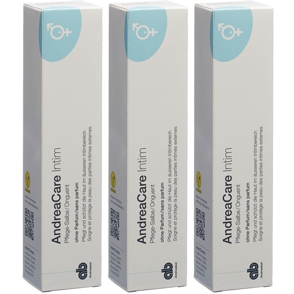 Drie dozen AndreaCare Intim. Witte verpakking met lichtblauwe cirkel en symbool. Tekst: Pflege-Salbe, zonder parfum.