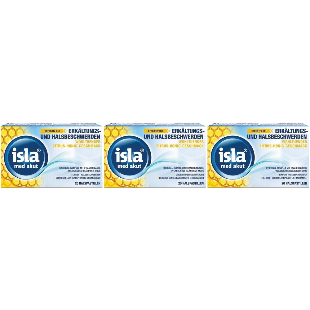 Trois boîtes de pastilles "isla med akut". Emballage jaune et bleu avec nom du produit et texte sur le rhume et les maux de gorge.