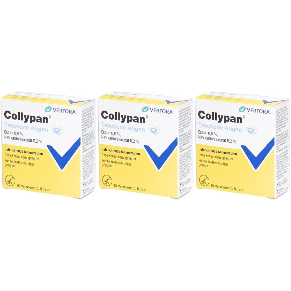 Trois boîtes de Collypan Trockene Augen. Emballage jaune avec un V bleu et informations produit. Marque VERFORA.