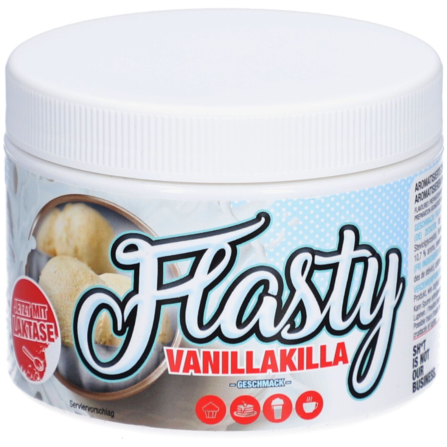 Witte pot met schroefdop. Opschrift "Flasty Vanillakilla Geschmack". Tekst: "Jetzt mit Laktase". Afbeelding van vanille.