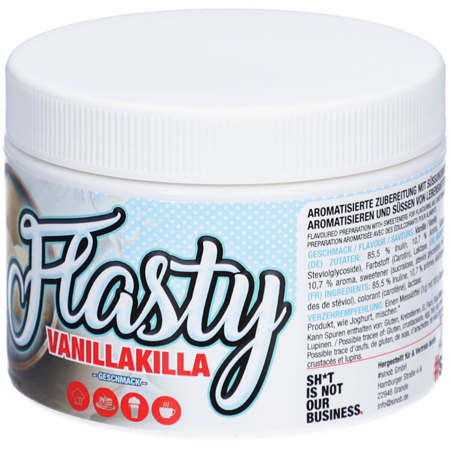 Witte pot met opschrift "Flasty Vanillakilla Geschmack". Tekst: "Gearomatiseerde bereiding met zoetstoffen".