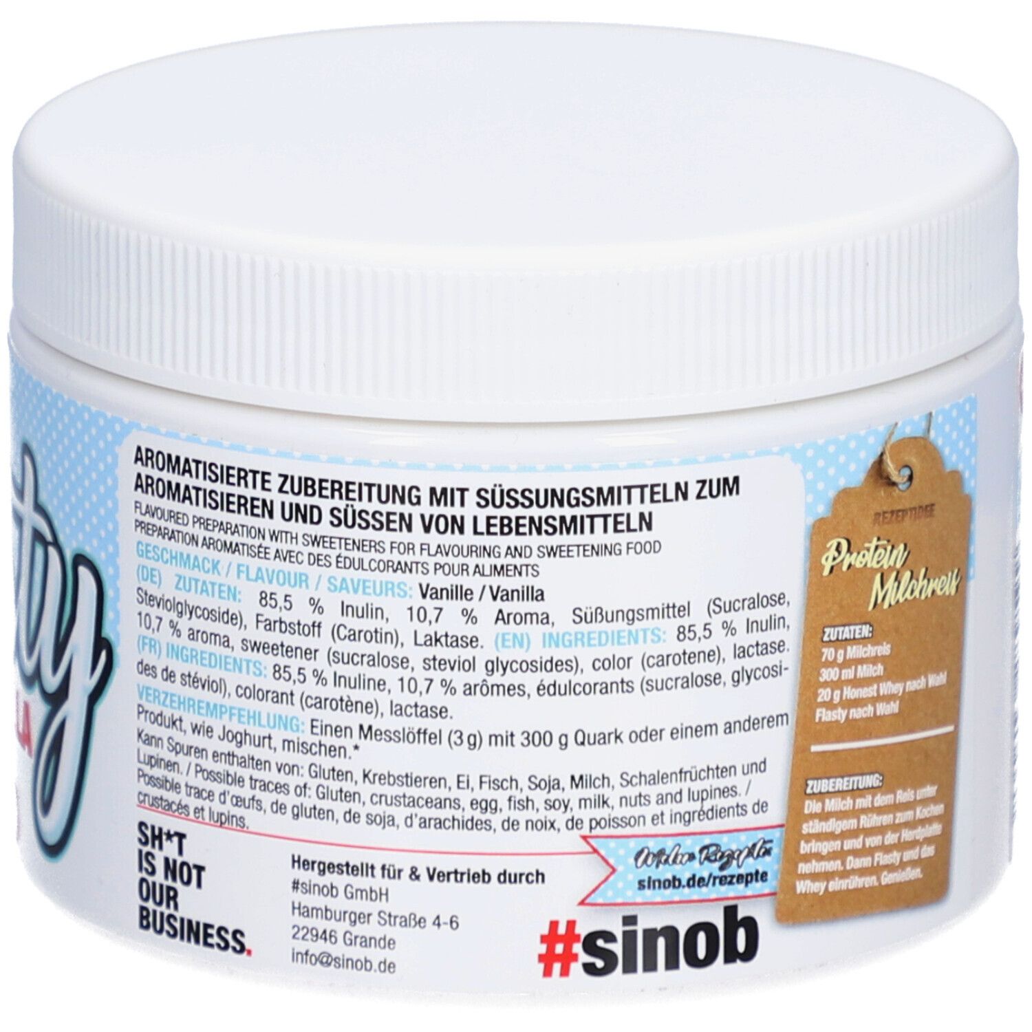 Witte pot met opschrift "Flasty". Tekst: "Gearomatiseerde bereiding met zoetstoffen". Tekst: "Protein Milchreis". Logo: #sinob.