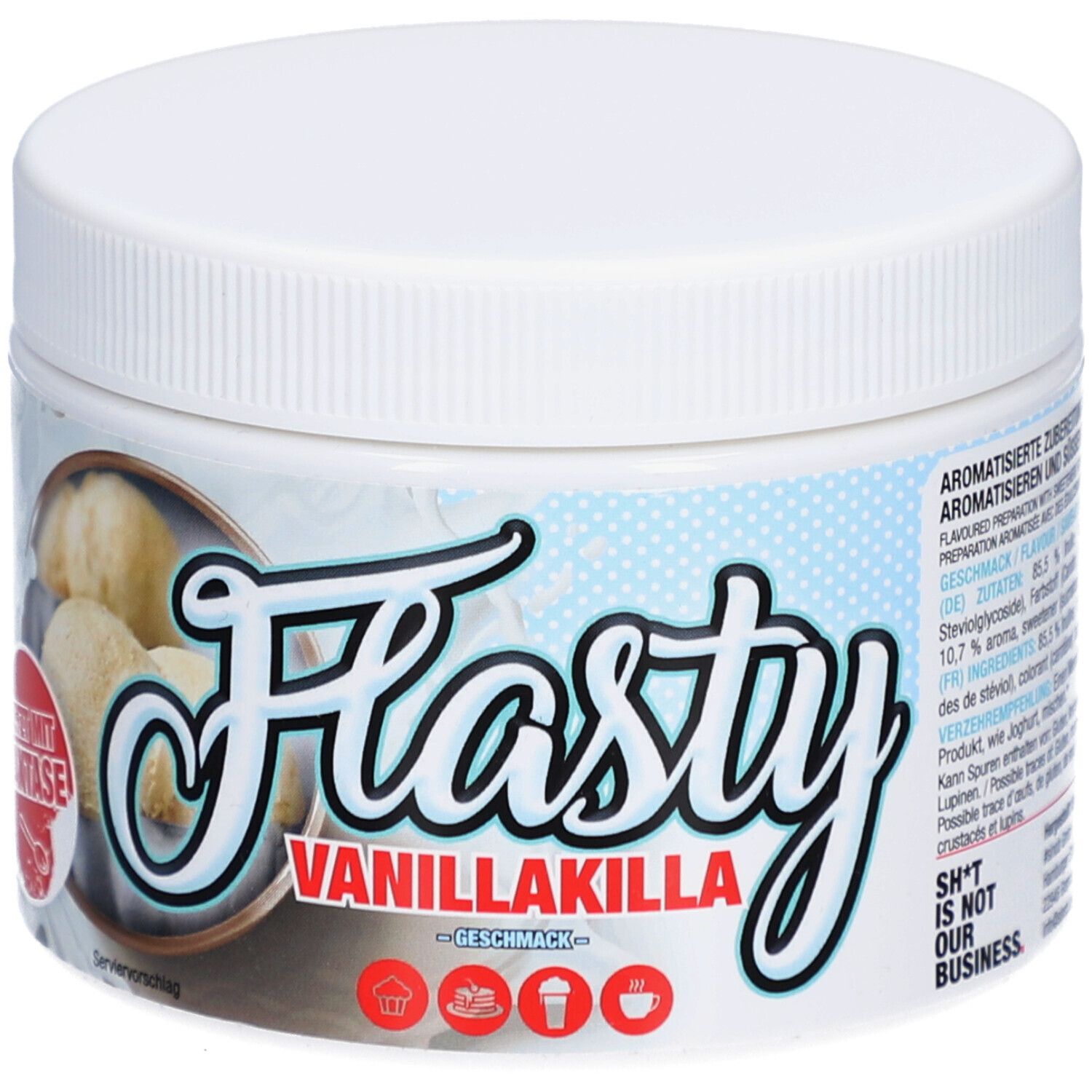 Witte pot met schroefdop. Opschrift "Flasty Vanillakilla Geschmack". Afbeelding van vanille. Opschriften: "Serviervorschlag".