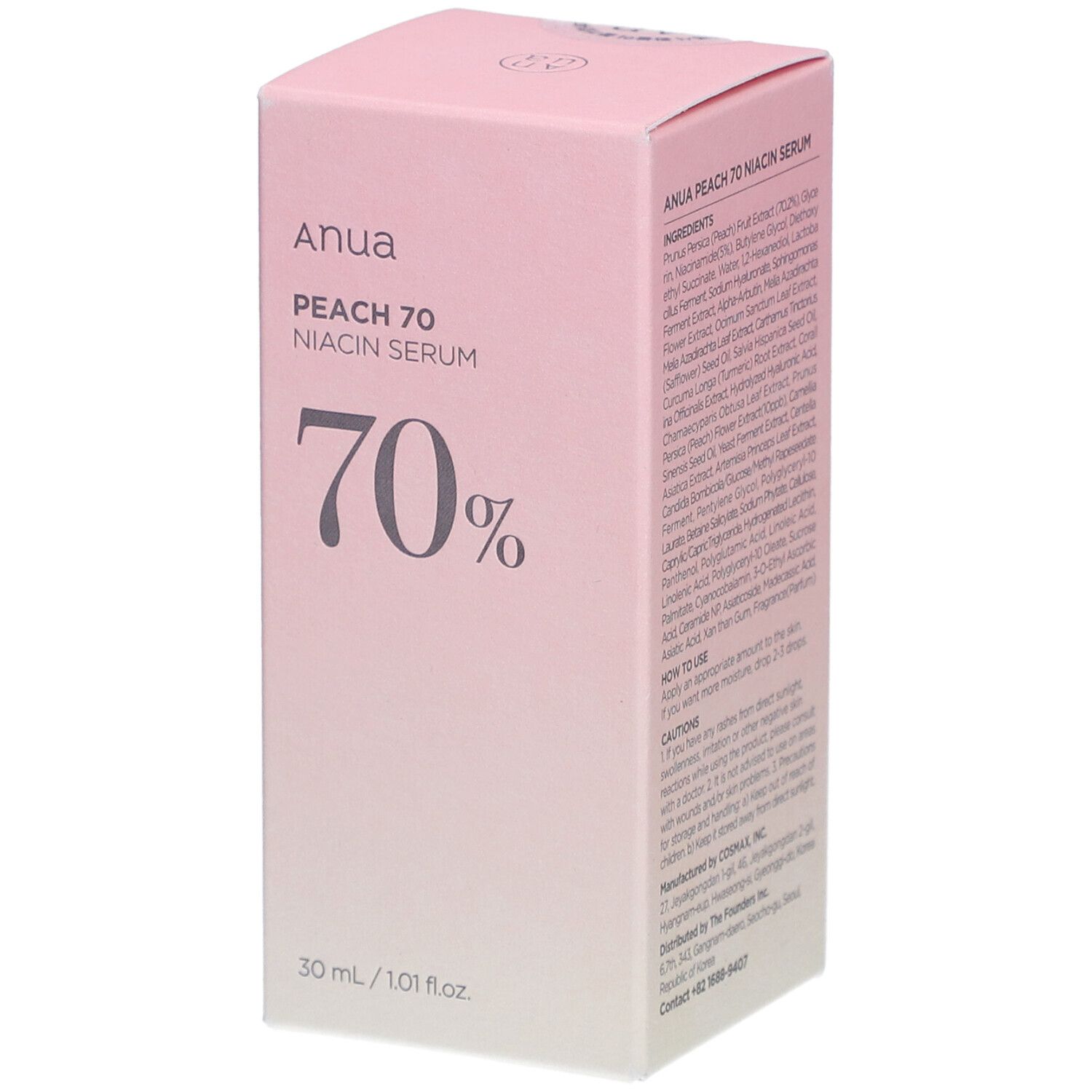 Roze verpakking met productinfo. Opschrift: Anua, PEACH 70, Niacin Serum, 70%. 30 ml / 1.01 fl.oz.