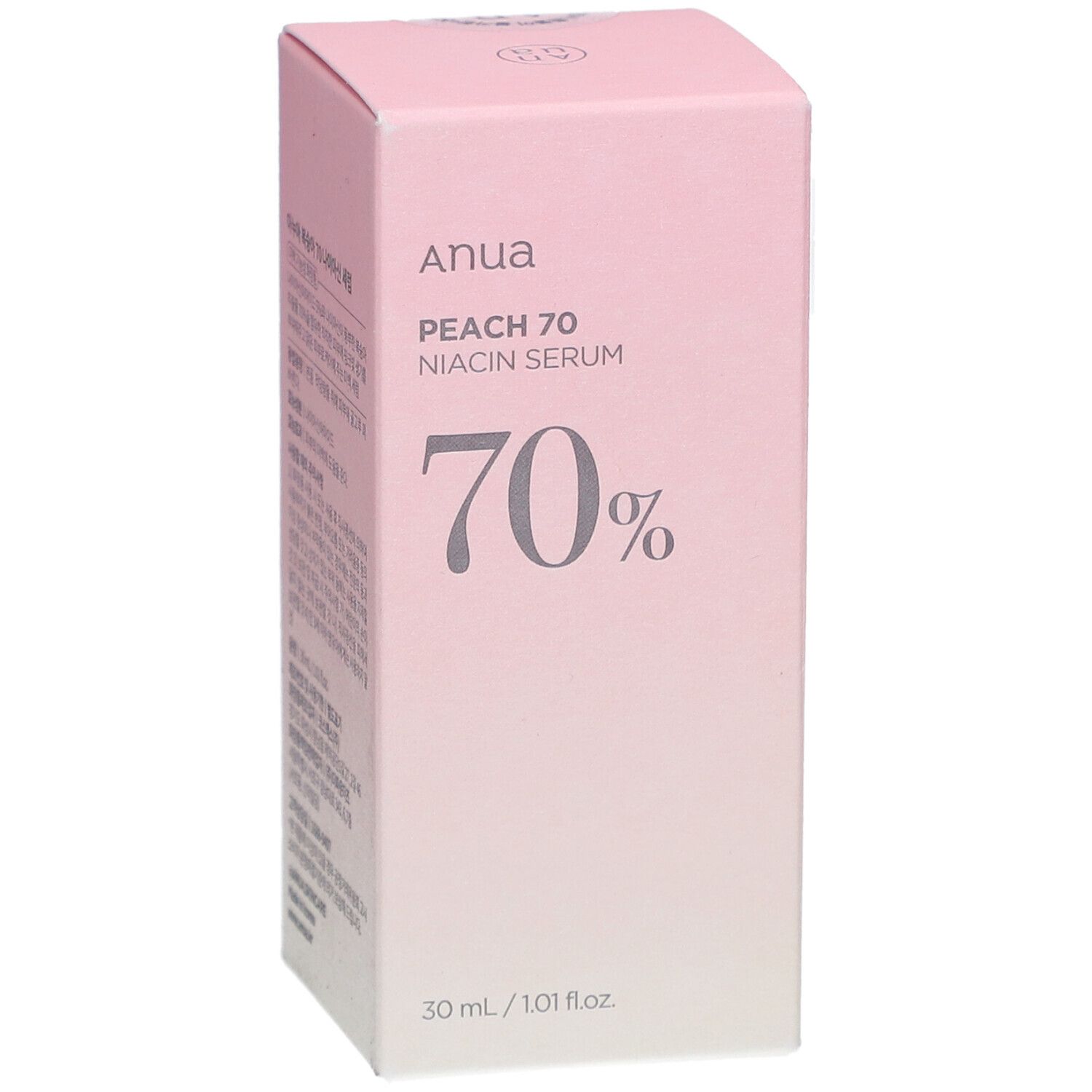 Roze verpakking met productinfo. Opschrift: Anua, PEACH 70, Niacin Serum, 70%. 30 ml / 1.01 fl.oz.