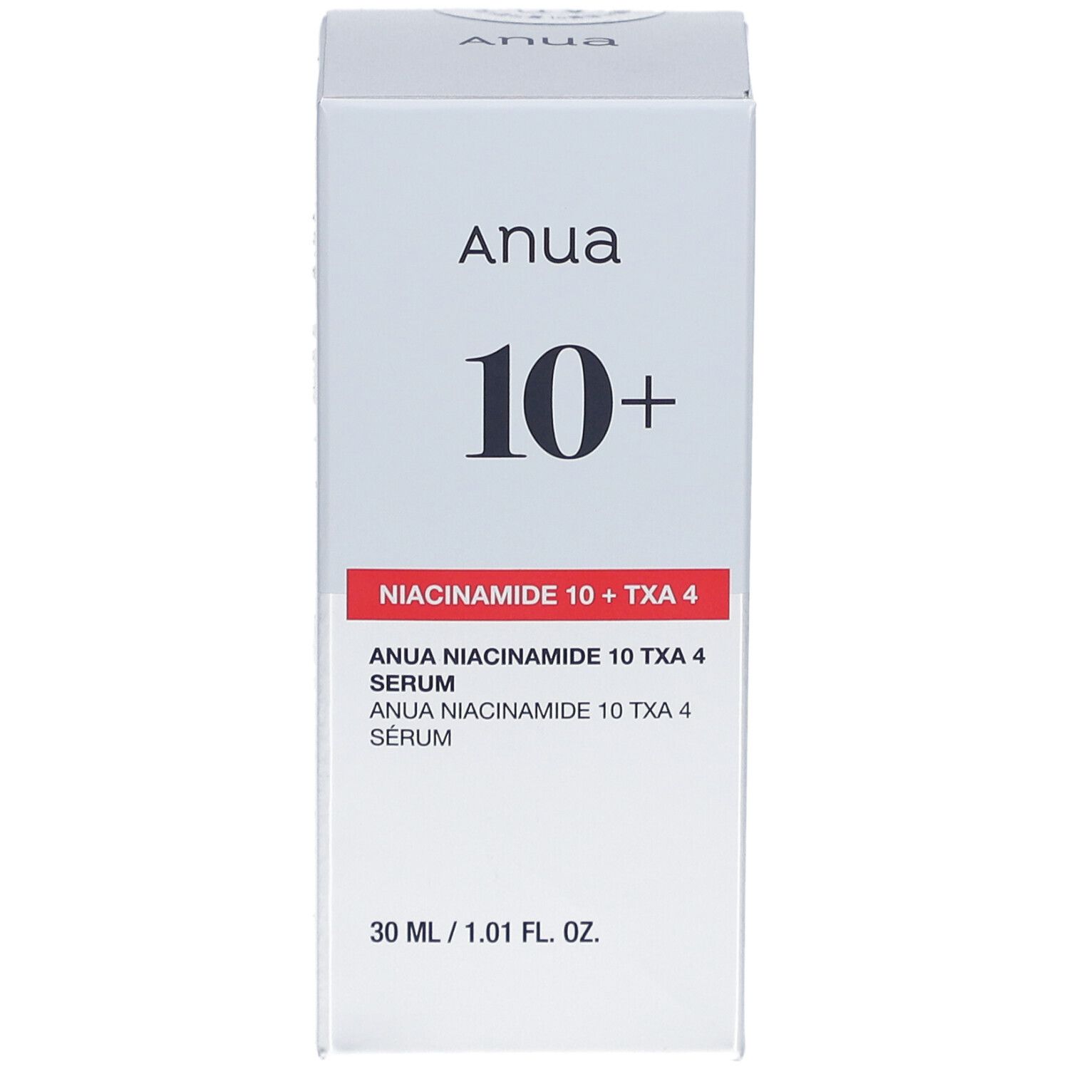 Boîte blanche avec nom du produit et ingrédients. Inscription : ANUA 10+ Sérum Niacinamide + TXA 4.