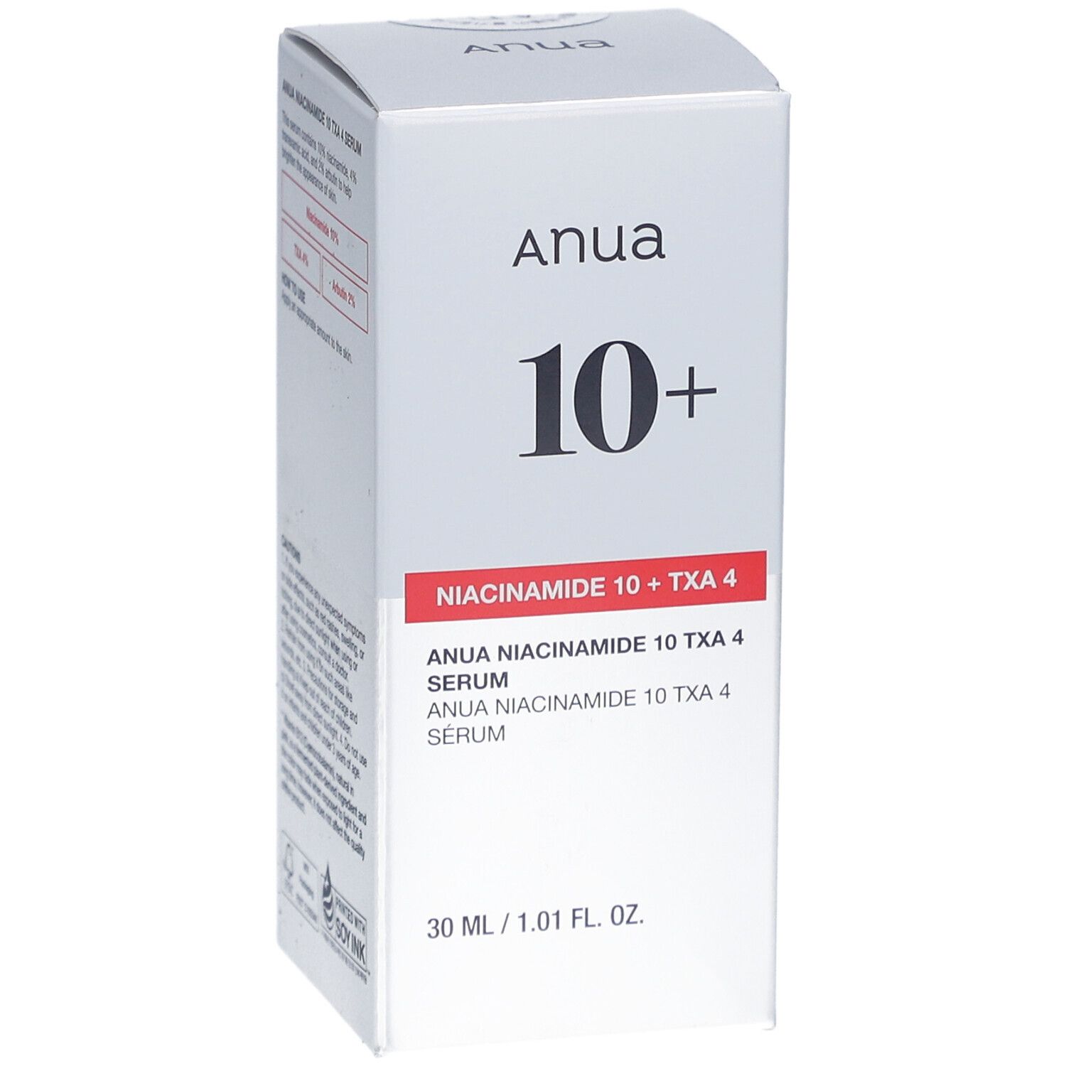 Boîte blanche avec nom du produit et ingrédients. Inscription : ANUA 10+ Sérum Niacinamide + TXA 4.