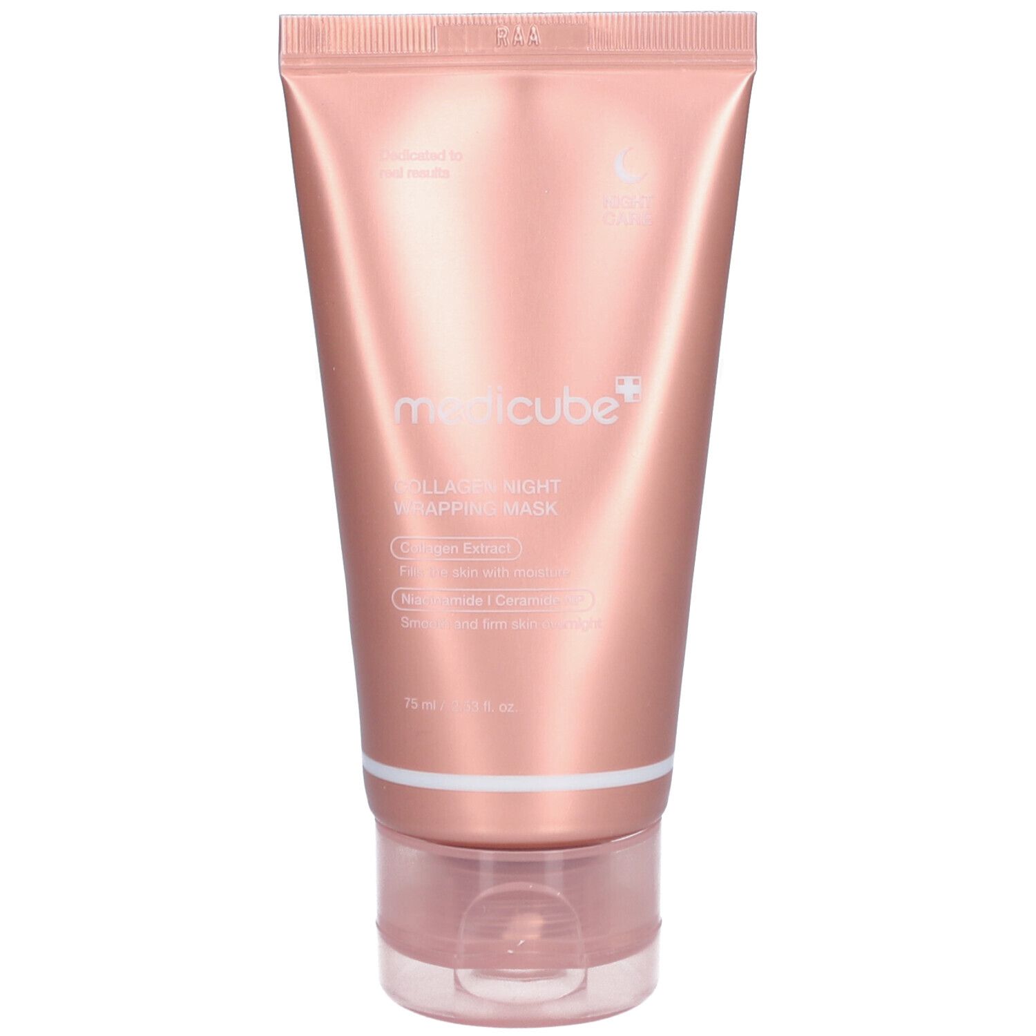 Roze tube met producttekst. Merk: medicube+. Productnaam: Collagen Night Wrapping Mask. 75 ml.