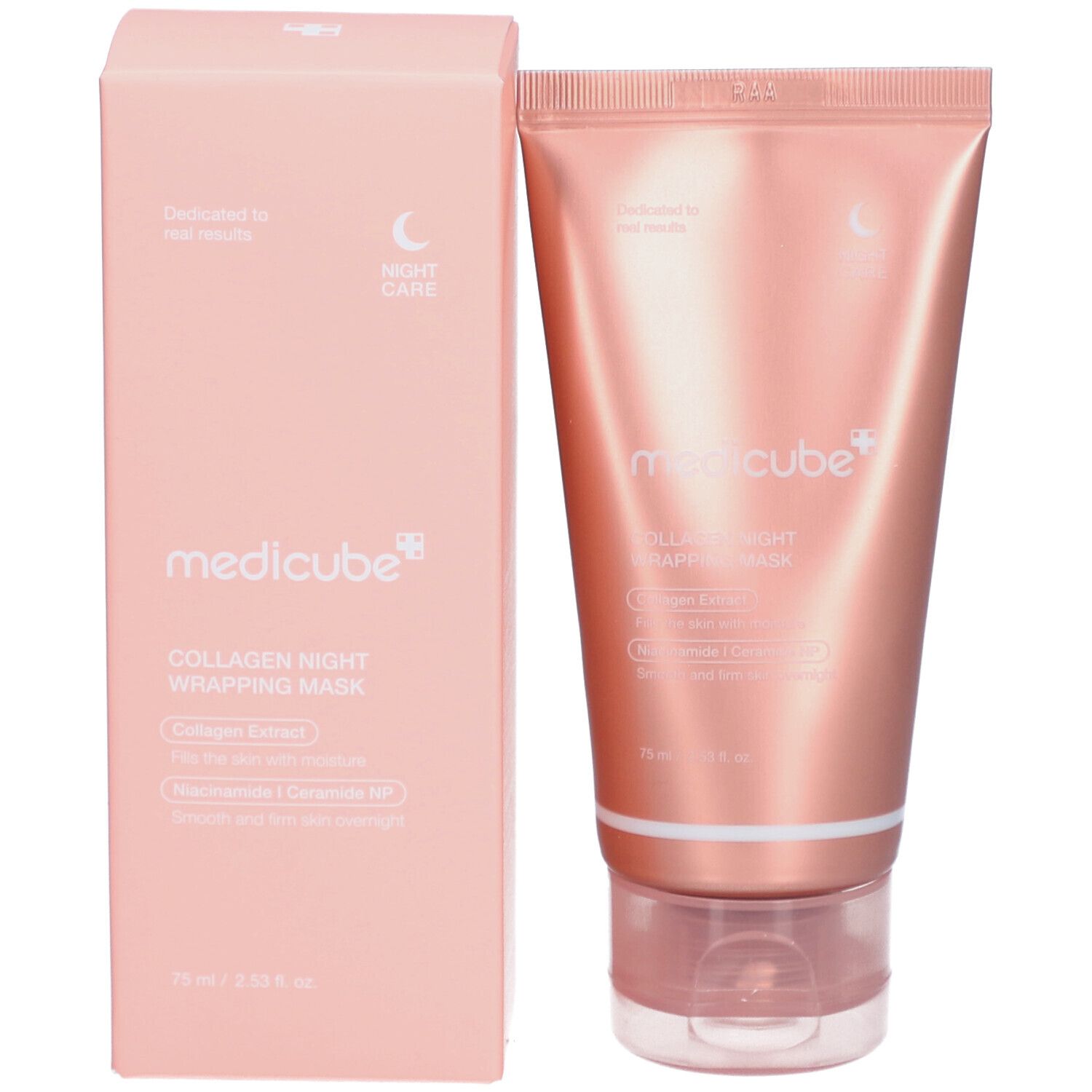 Roze verpakking en tube. Merk: medicube+. Productnaam: Collagen Night Wrapping Mask. 75 ml.