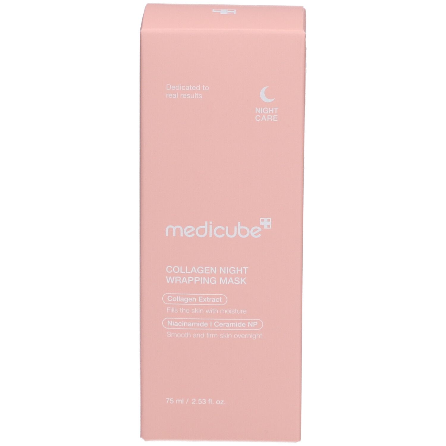 Roze verpakking. Merk: medicube+. Productnaam: Collagen Night Wrapping Mask. Informatie gedrukt.