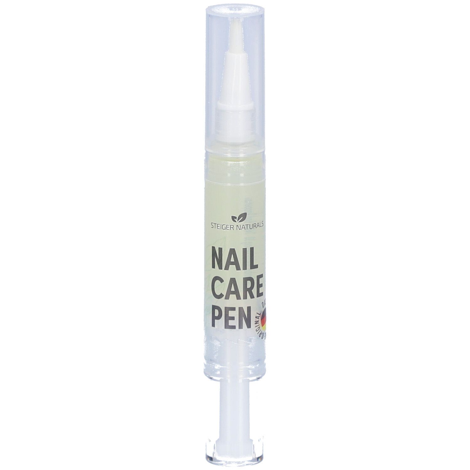 Stylo de soin des ongles Steiger Naturals avec applicateur. Flacon transparent avec embout blanc.