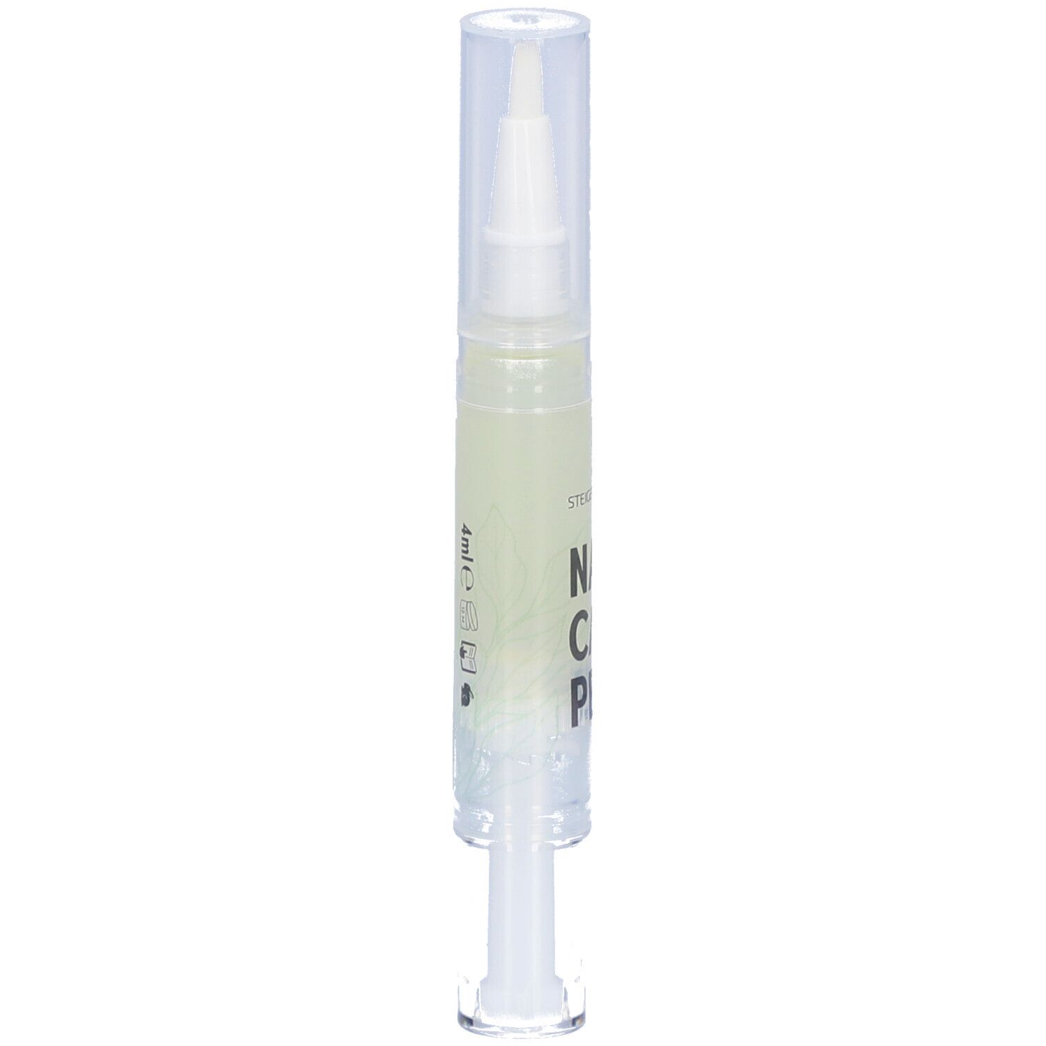Stylo applicateur avec contenu transparent et applicateur blanc. Texte : N C P.