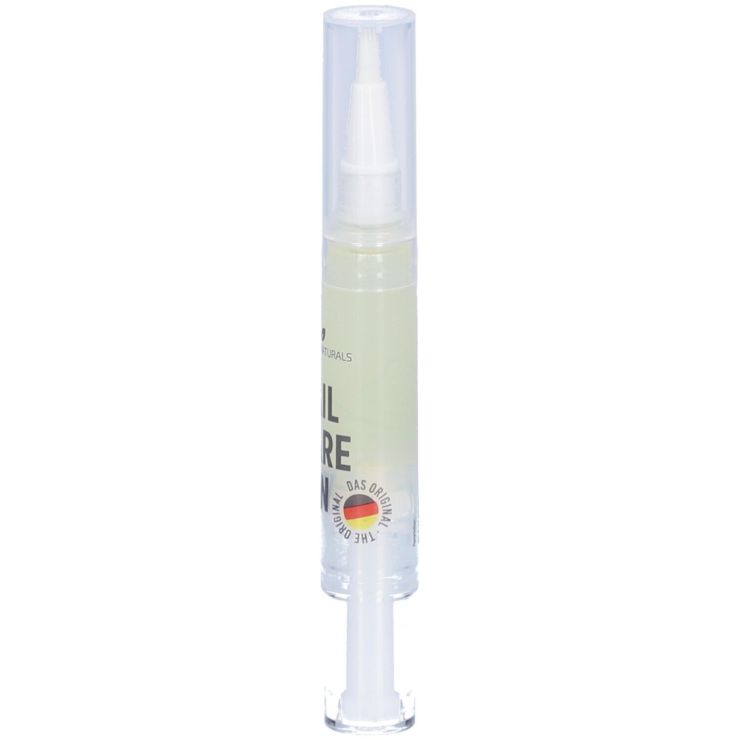 Stylo de soin des ongles avec corps transparent et applicateur. Contient une huile jaune pâle. "NAIL CARE" et logo drapeau allemand visibles.
