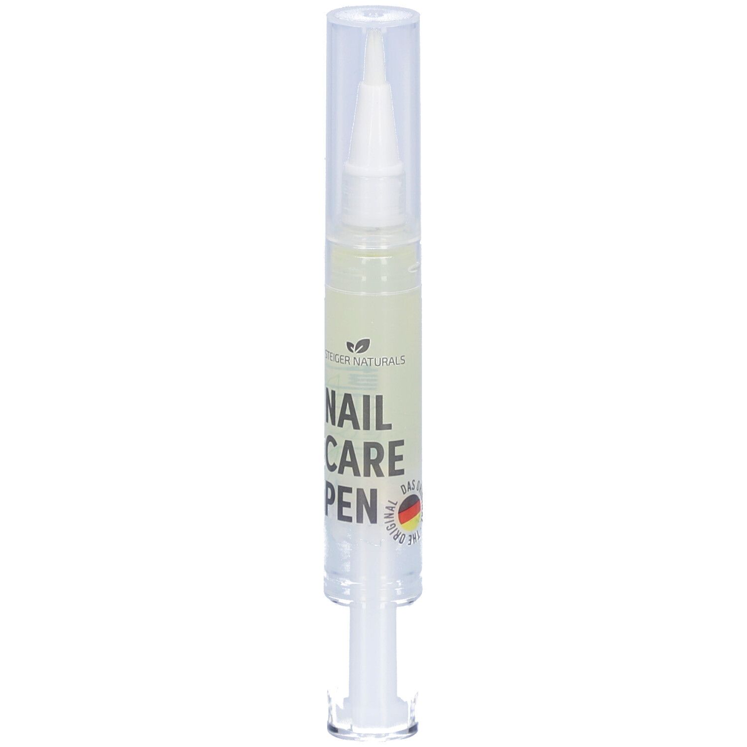 Stylo de soin des ongles avec applicateur. Flacon transparent contenant un liquide jaunâtre. Inscription "NAIL CARE PEN" et "GERMAN ORIGINAL".
