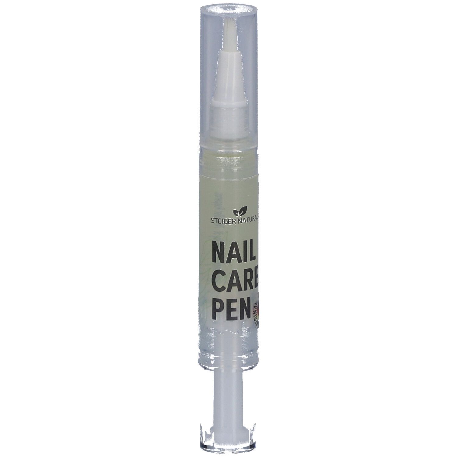 Stylo de soin des ongles avec applicateur. Stylo transparent avec applicateur blanc et contenu visible.