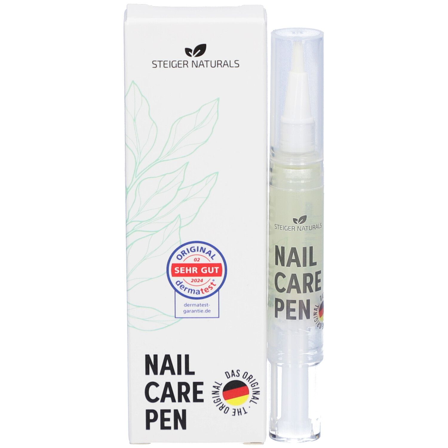 Stylo de soin des ongles Steiger Naturals dans un flacon applicateur transparent à côté de l'emballage du produit avec sceau Dermatest.