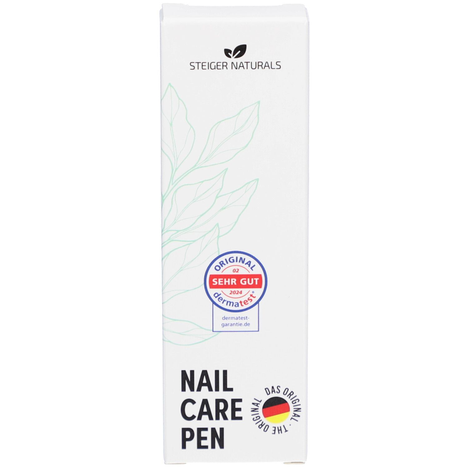 Emballage d'un stylo de soin des ongles avec le logo Steiger Naturals et un sceau "très bien" de Dermatest.