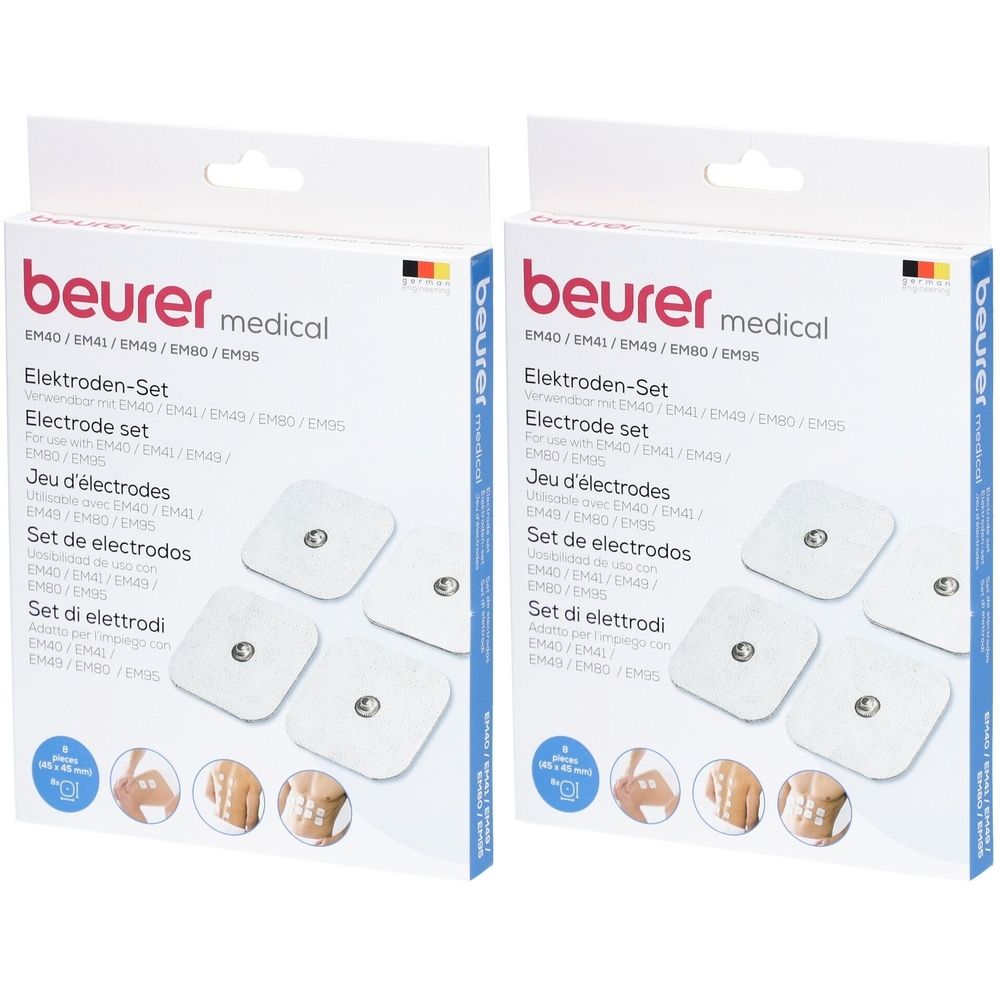 Twee dozen met vervangende elektroden. Opschrift: beurer medical, Elektroden-set. Vierkante elektroden op witte achtergrond.