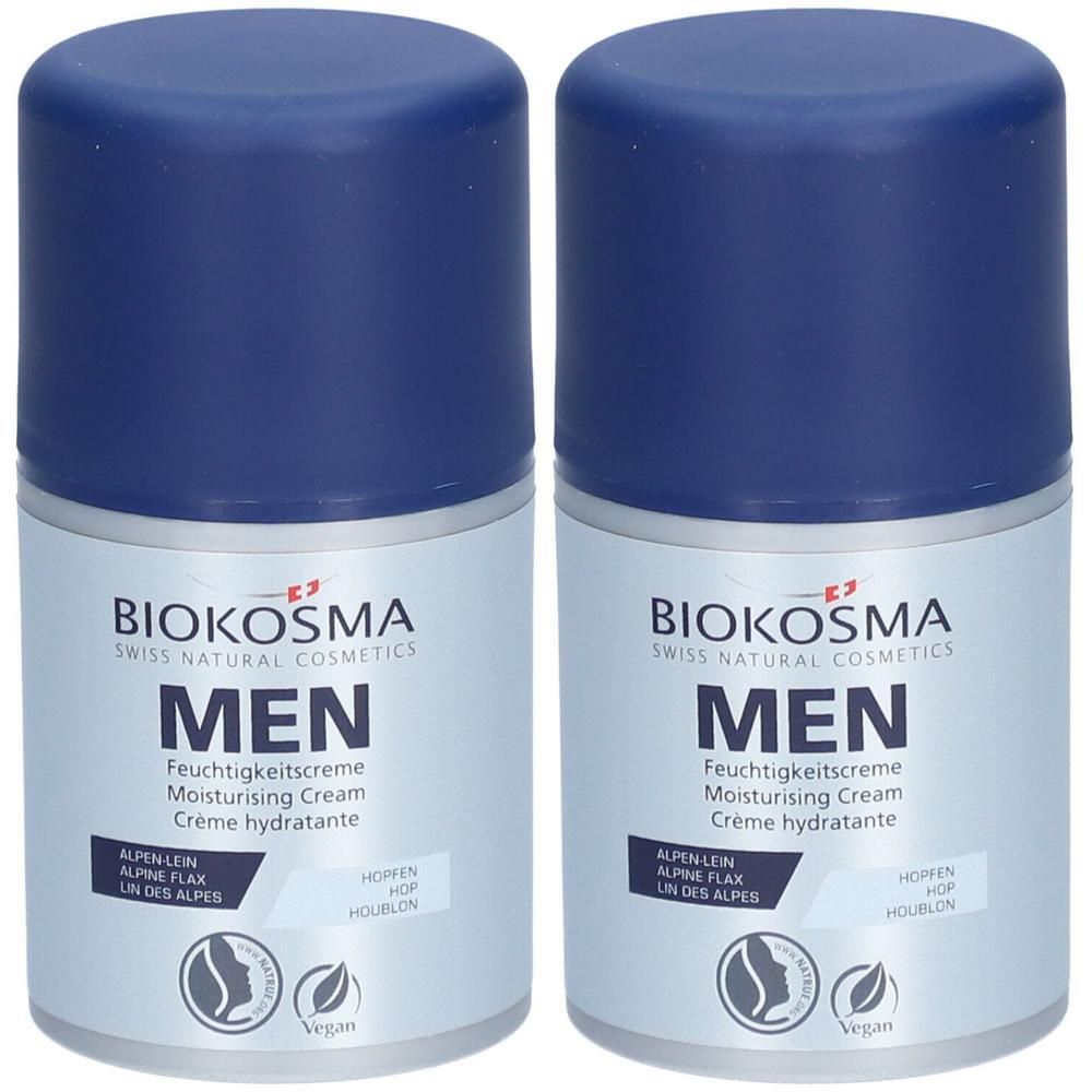 Twee blauwe potten BIOKOSMA Men Moisturizing Cream. Opschrift: MEN, Alpine Flax, Hop, Vegan.