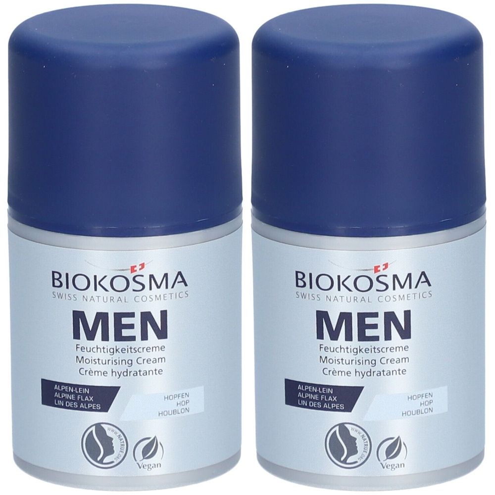 Deux pots bleus BIOKOSMA Men Crème hydratante. Inscription: MEN, Alpine Flax, Houblon, Vegan.