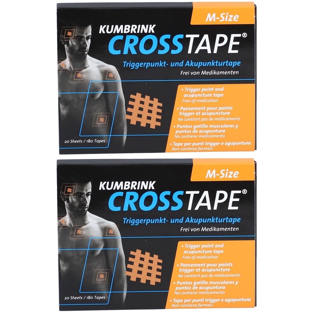 Deux boîtes de CROSSTAPE. Emballage noir avec nom et description du produit. M-Size. 20 Tapes.
