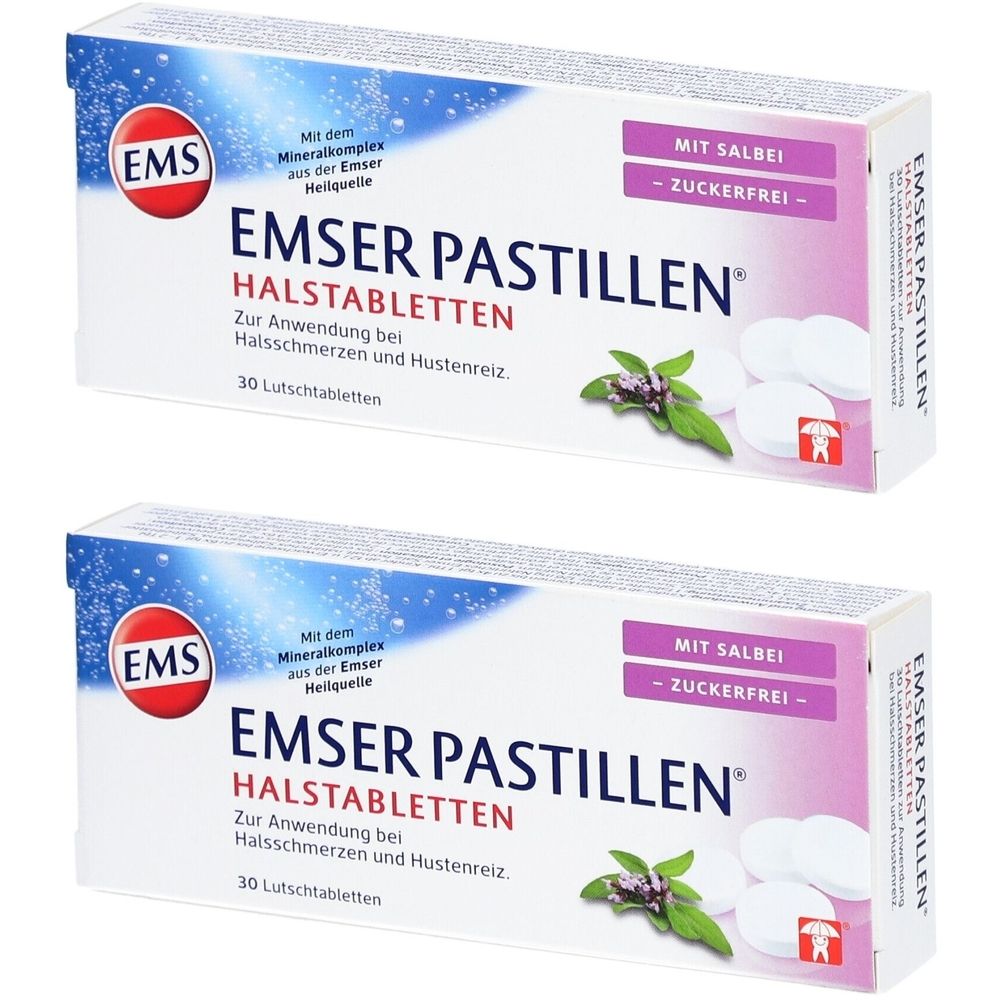 Twee verpakkingen Emser pastilles. Witte dozen met productnaam, salie-toevoeging en 30 zuigtabletten. Logo: EMS.