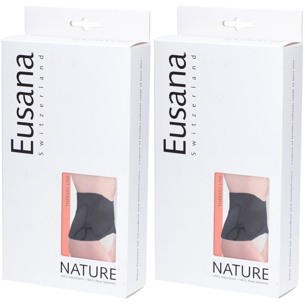 Twee witte dozen met productafbeelding. Opdruk: Eusana, Switzerland, Nature. Venster toont zwarte lendensteun.