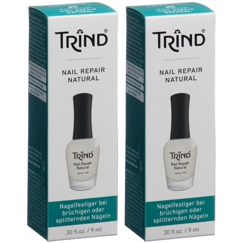 Twee dozen TRIND Nail Repair Natural nagellak. Flesjes met zwarte dop.