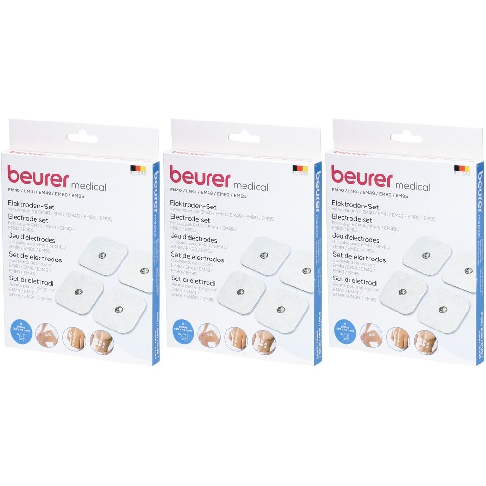 Drie verpakkingen met elektroden. Opschrift: beurer medical, Electrode set. Vierkante elektroden, 4 per verpakking.