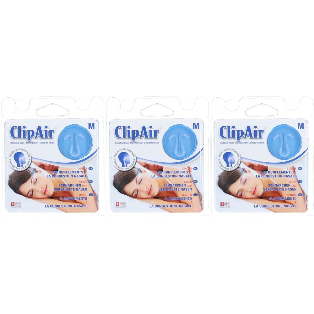Drie verpakkingen CLIPAIR M neusspreiders. Elke verpakking toont een blauw neusstuk en een slapende persoon. Tekst in het Duits, Frans en Italiaans.