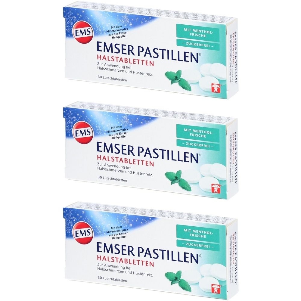 Drie dozen Emser Pastillen. Opschrift: Emser Pastillen Halstabletten, met mentholsmaak, suikervrij. Illustratie van muntblad.
