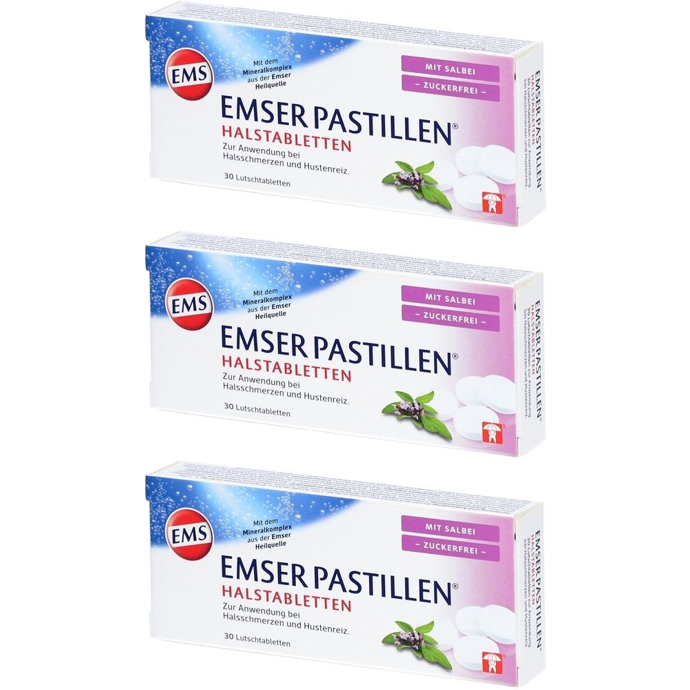 Drie dozen Emser keelpastilles. Opschrift: Met salie, suikervrij. 30 zuigtabletten. EMS logo.