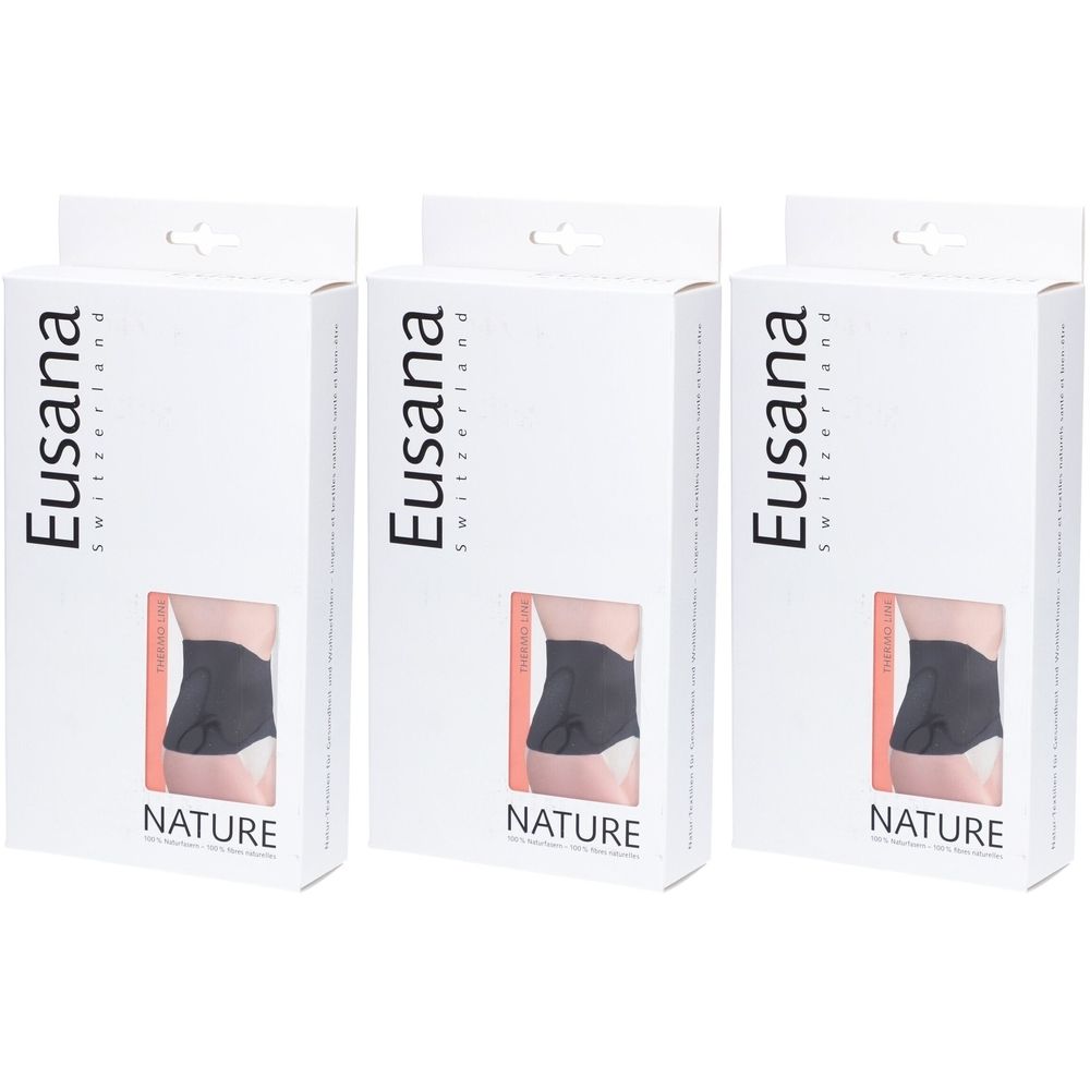 Drie verpakkingen van de lumbale gordel. Witte dozen met productafbeelding en merklogo Eusana Switzerland.
