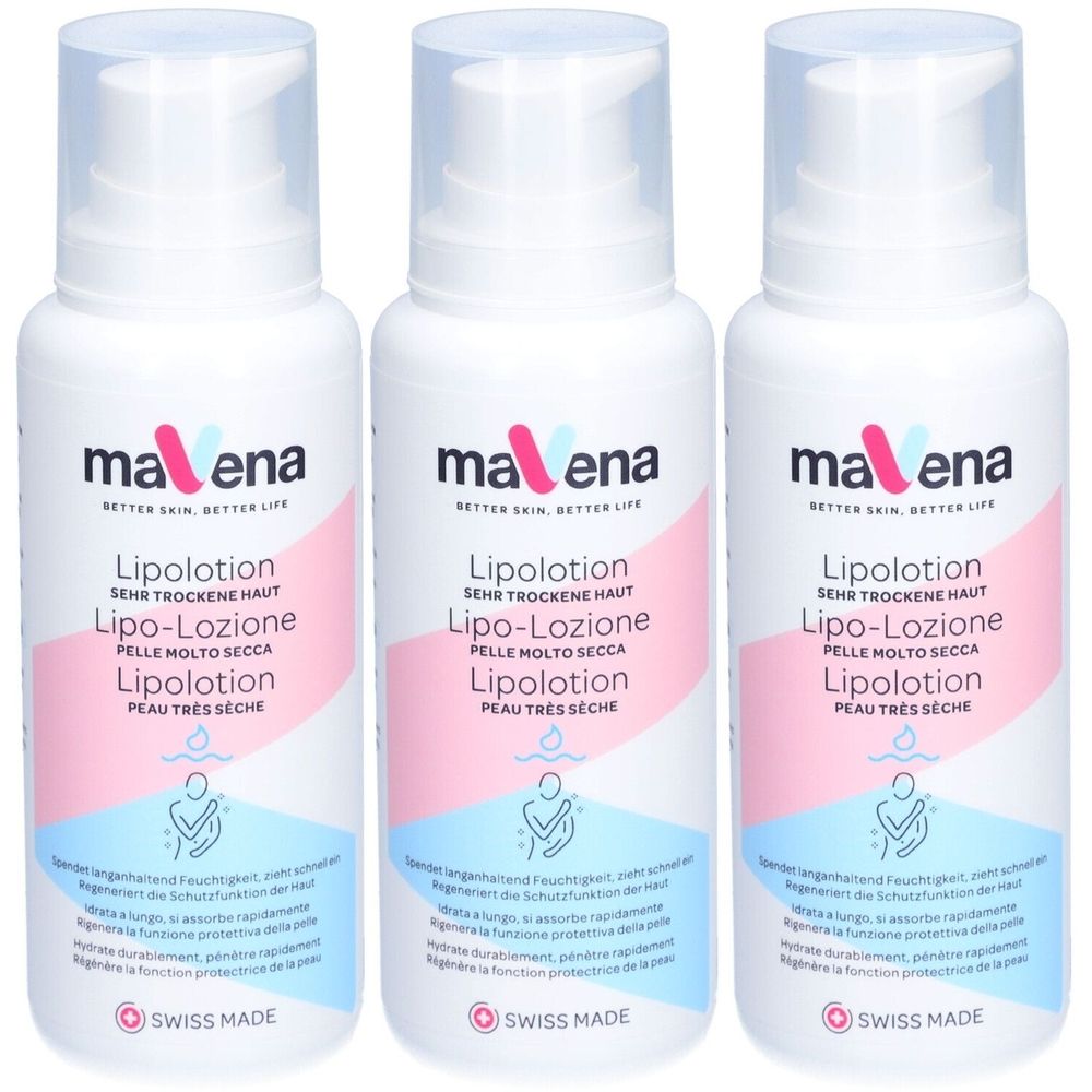 Drie witte flessen met pompsluiting. Op elke fles staat "mavena Lipolotion" in meerdere talen. "Swiss Made" logo.