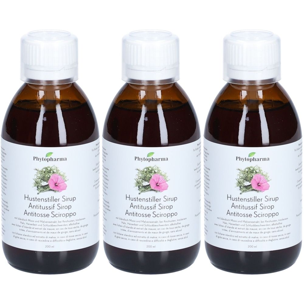 Drie bruine flessen met witte dop. De etiketten tonen "Phytopharma Hustenstiller Sirup". 
