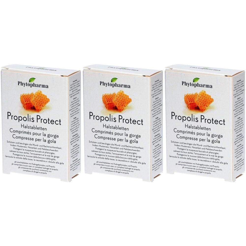 Drie dozen "Propolis Protect Halstabletten". Elke doos toont het Phytopharma-logo en een afbeelding van honingraten.