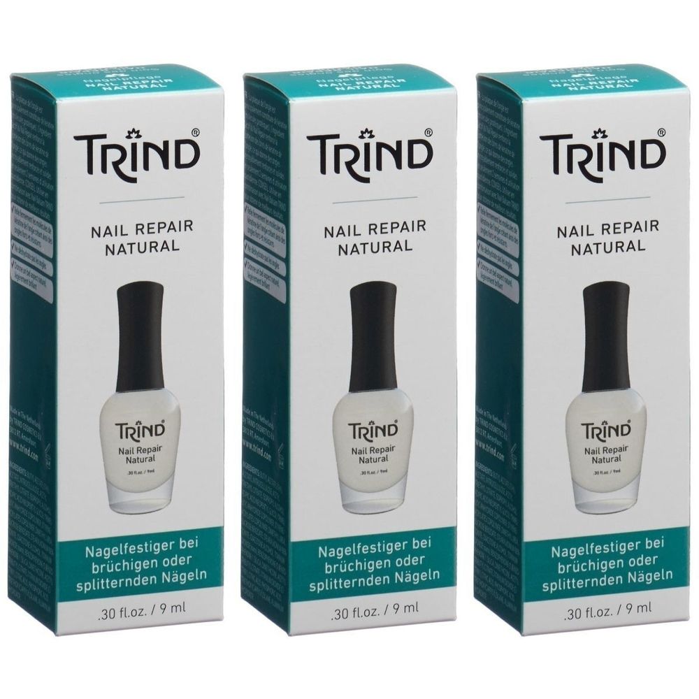 Drie dozen TRIND Nail Repair Natural nagellak. Elke doos toont een flesje nagellak.