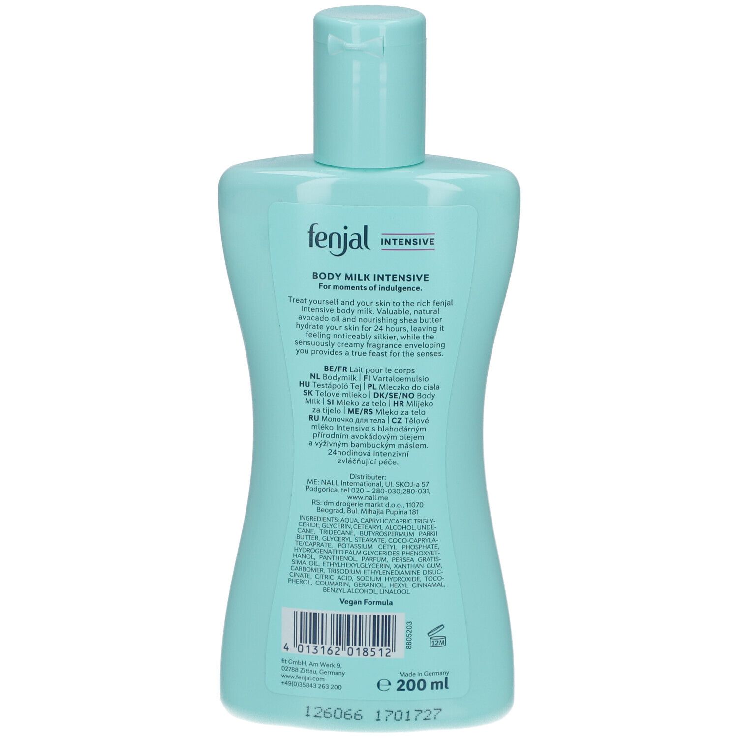Achterkant van de lichtblauwe fles. Opschrift: "fenjal Intensive Body Milk". Meertalige tekst. Vegan logo. 200 ml.