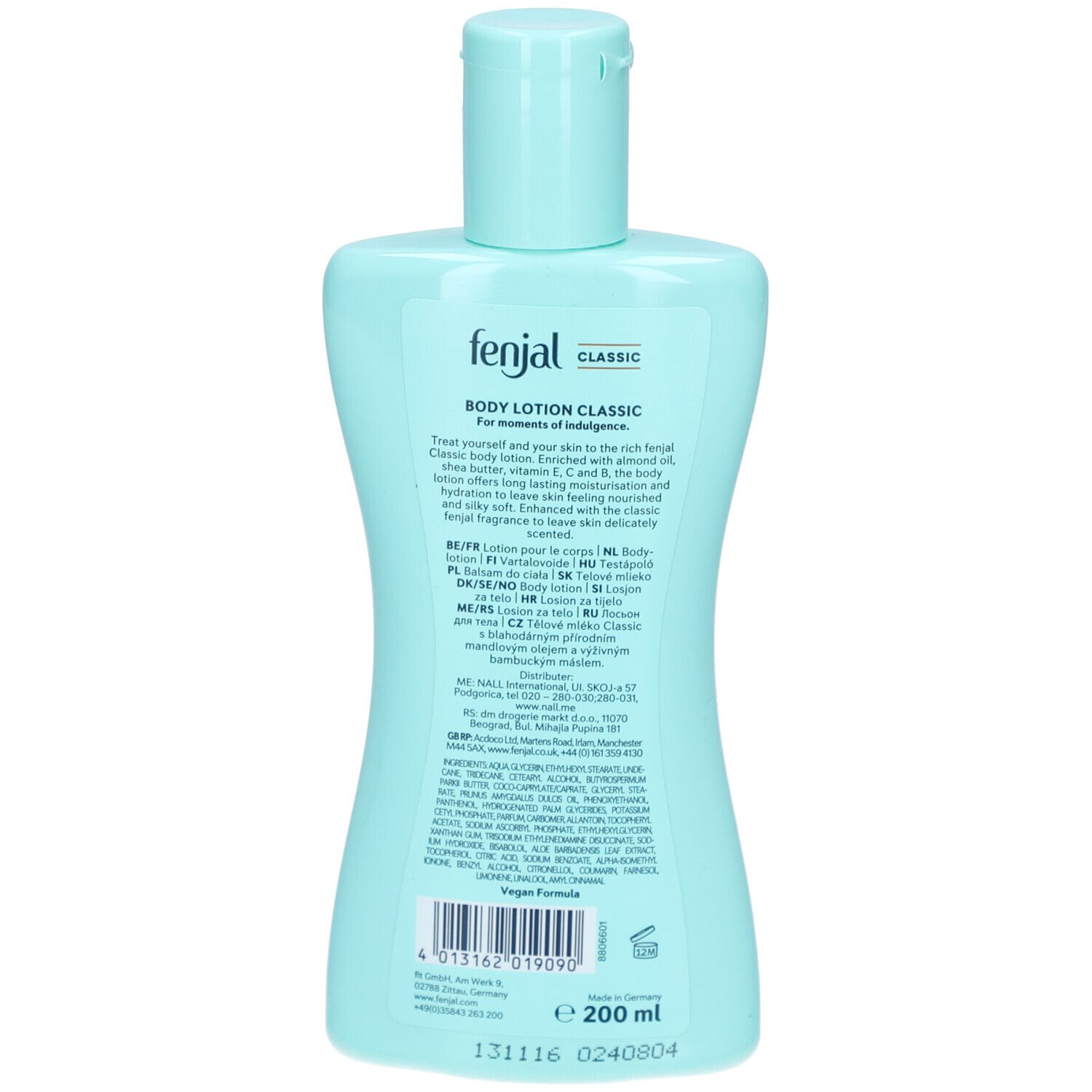 Dos du flacon bleu clair FENJAL Classic Body Lotion. Texte multilingue, logo végan.