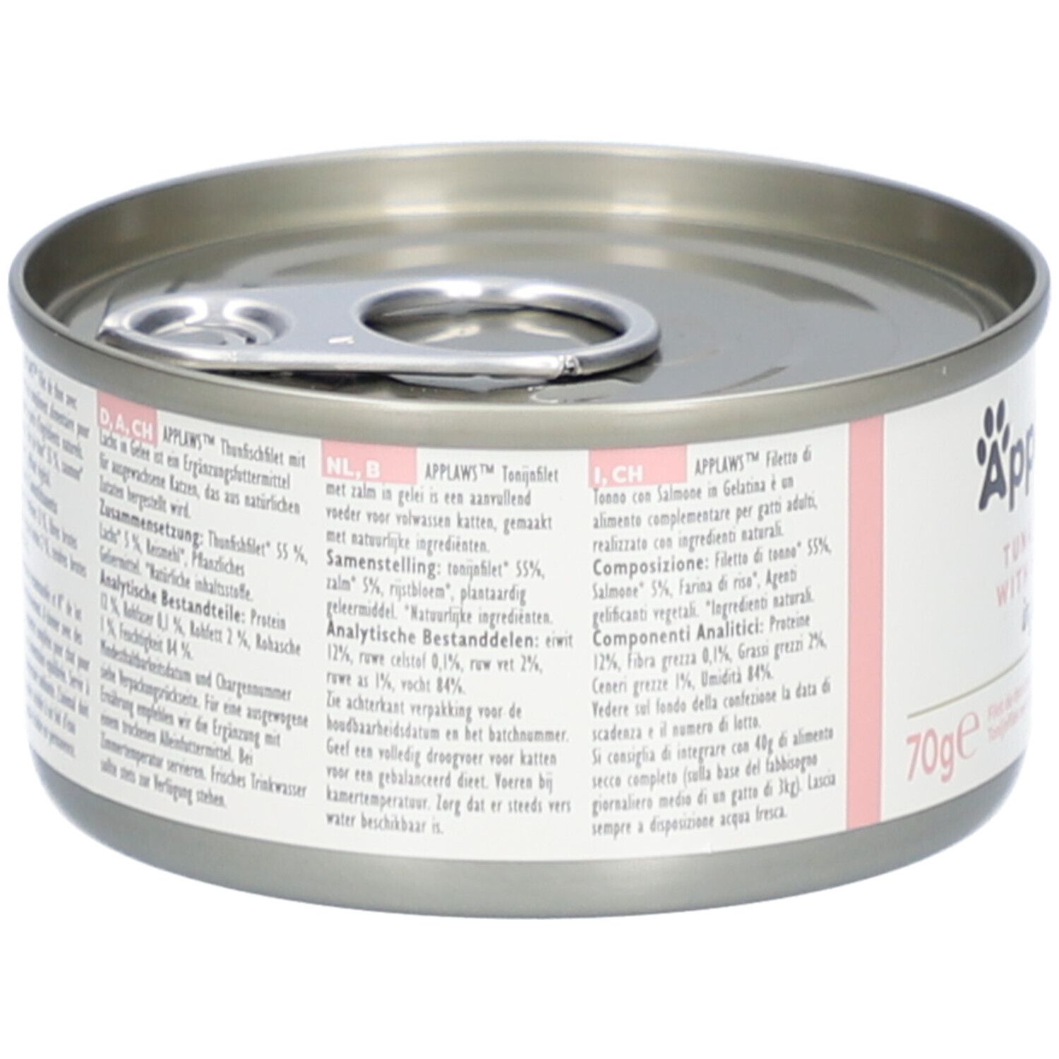 Boîte avec texte. Ingrédients: filet de thon, saumon, riz. Constituants analytiques. Informations fabricant. 70g. Naturel.