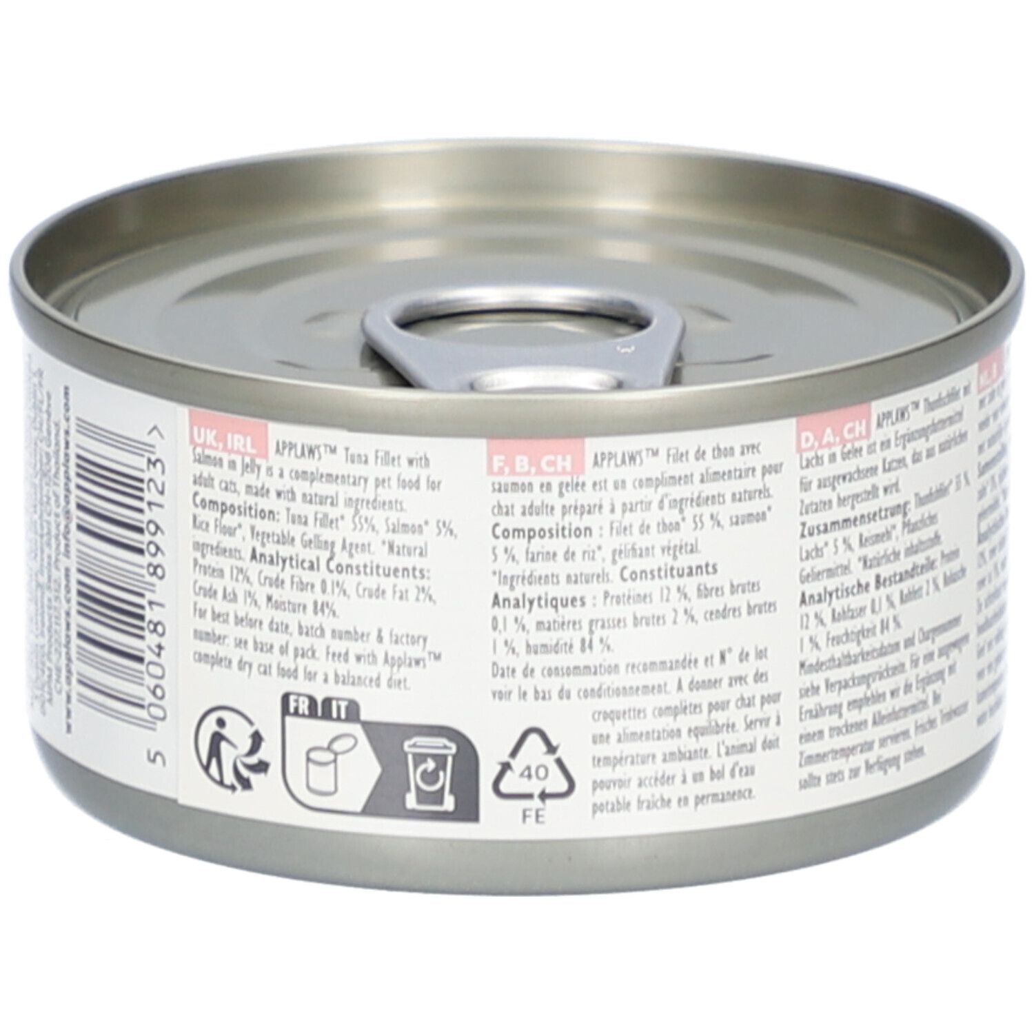 Boîte avec texte. Ingrédients, constituants analytiques, informations fabricant. Symboles de recyclage. 70g. Naturel.